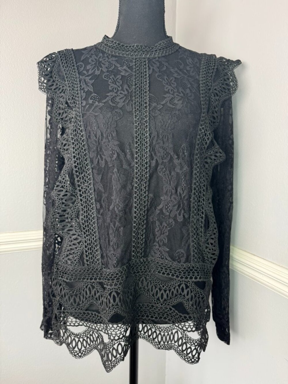ADIVA L Black Lace Long-Sleeve Intricate Wednesday Adams Whimsy Goth Rock Grunge